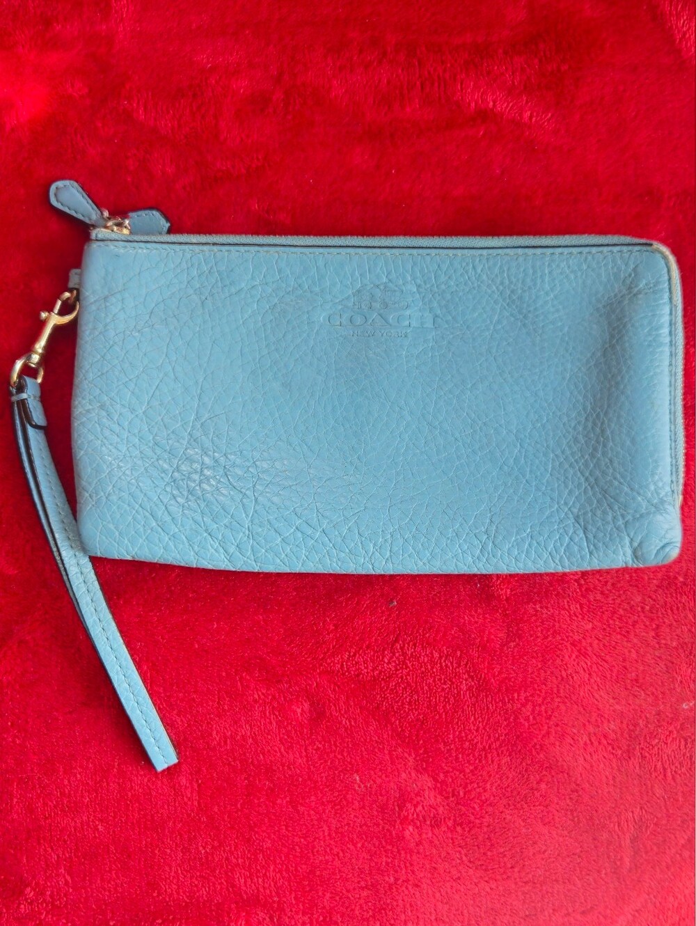 COACH Teal Blue Pebbled Leather Large Double Zipper Compartments Wristlet Clutch